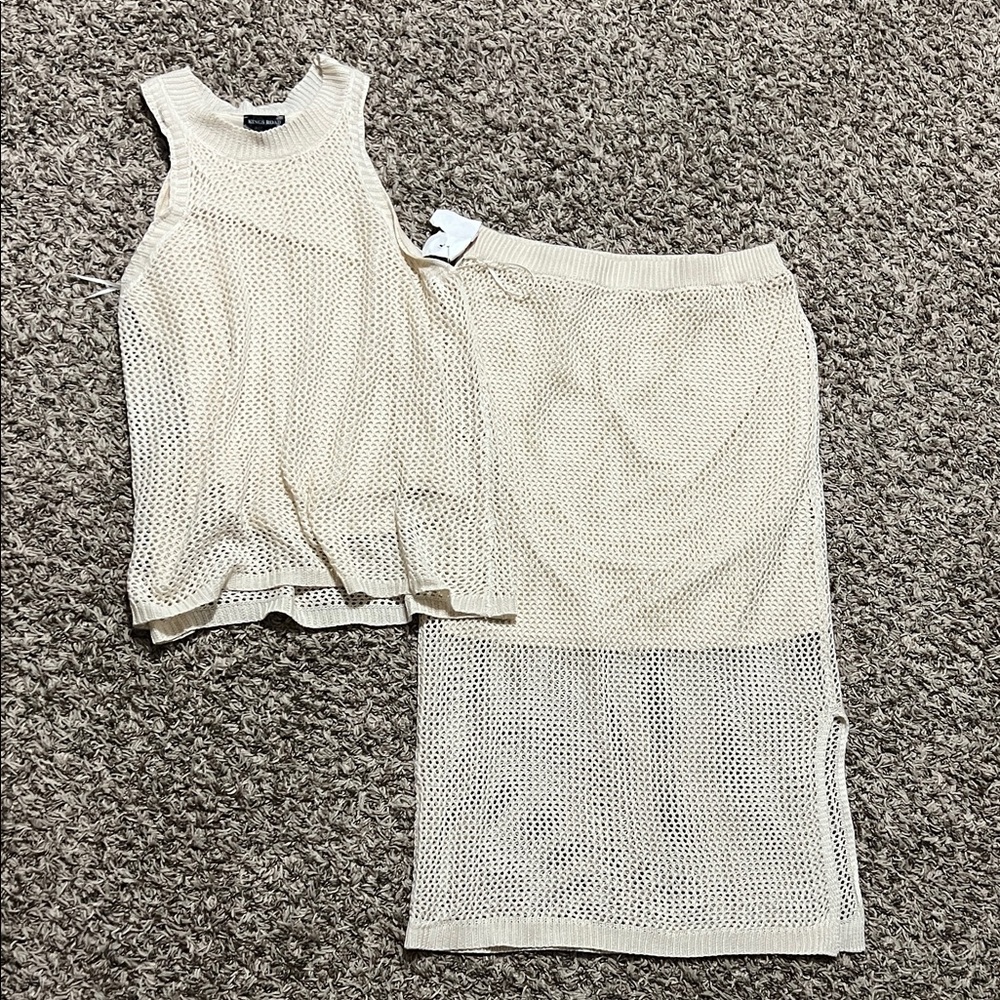 Sleeveless Knit Tank and Midi Skirt Set - Cream